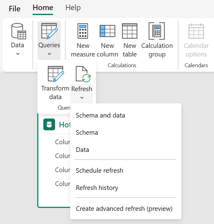 Le menu Refresh sépare Schema and data, Schema et Data.