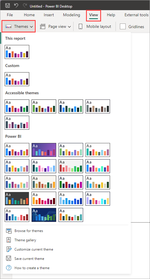 Le menu Thèmes de Power BI donne accès au choix et à la personnalisation d’un thème.