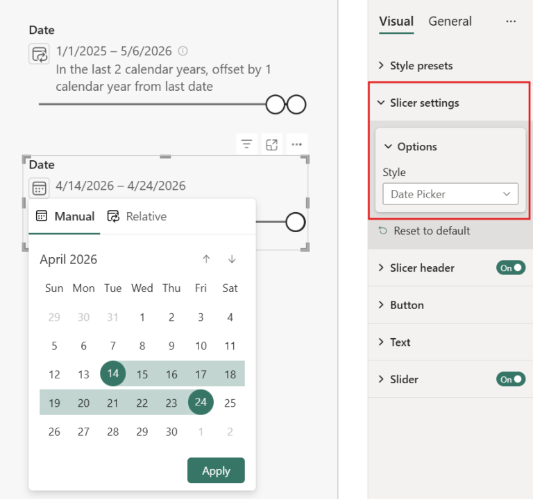 Le sélecteur de dates associe une sélection relative, un calendrier et un curseur.