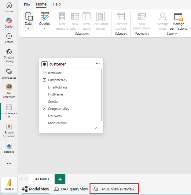 Le point d’entrée TMDL View dans Power BI Service.